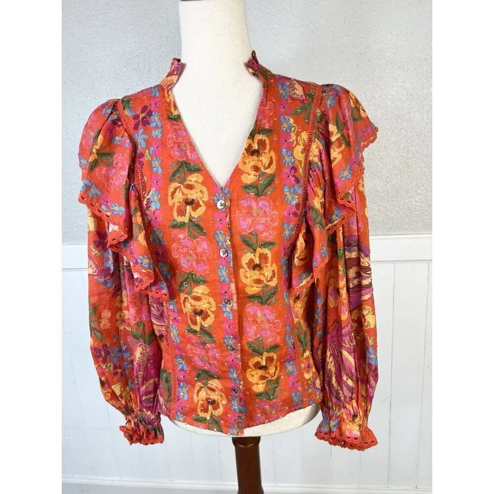 Farm Rio Top Spring Banana XS Floral Ruffle Puff Sleeve Boho Artsy Vacation